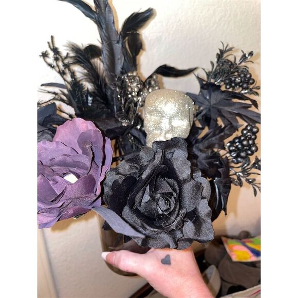 Gothic Black & Purple Rose Bouquet with Skull Accent Halloween Decor - Picture 11 of 11